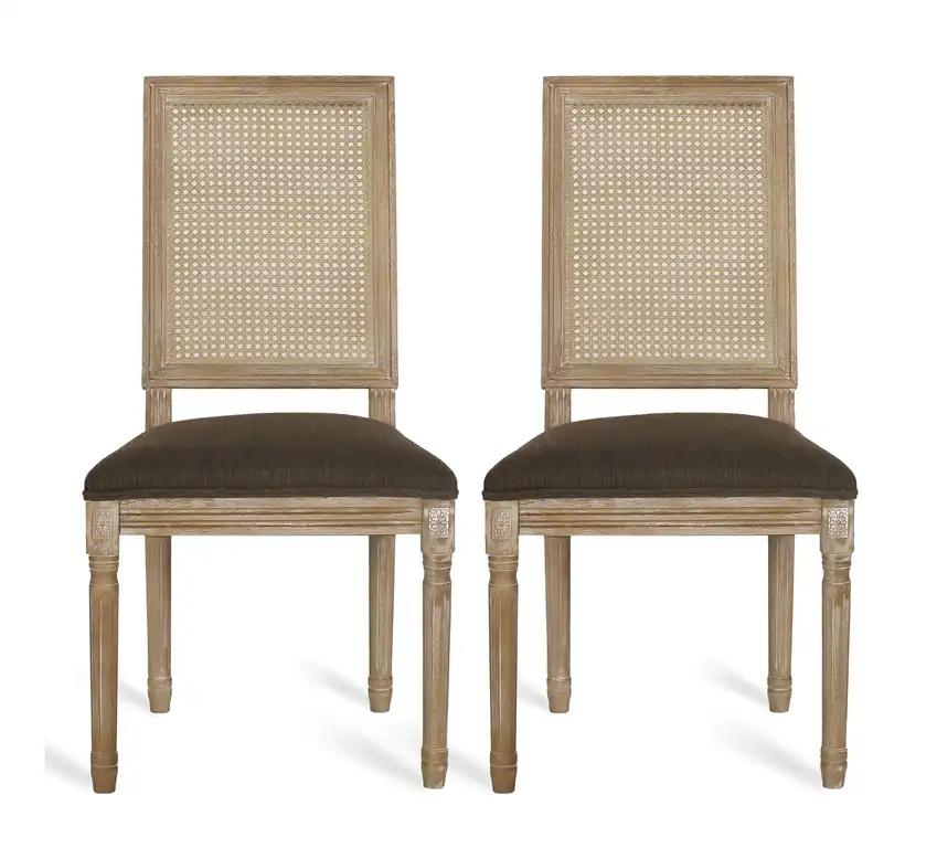 Brownell French Country Wood and Cane Upholstered Dining Chair, Set of 2, Brown