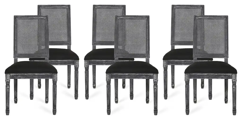 Brownell French Country Wood & Cane Dining Chair, Set of 6, Black/Gray
