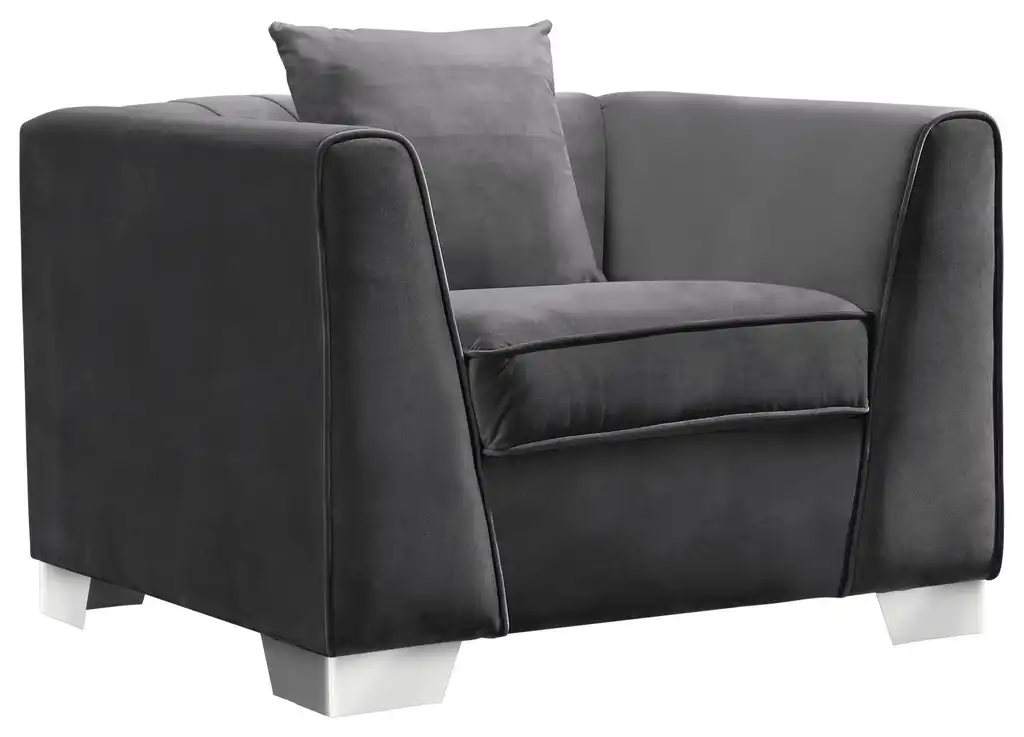 Cambridge Sofa Chair in Brushed Stainless Steel and Dark Gray Velvet