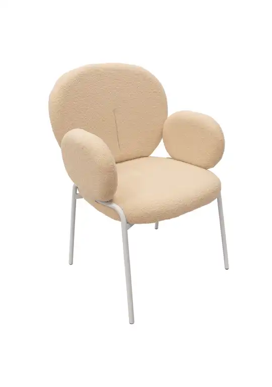 Celestial Boucle Dining Chairs With Arms, White Iron Legs, Beige