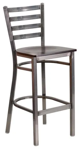 Clear Coated Ladder Back Metal Restaurant Barstool - Walnut Wood Seat