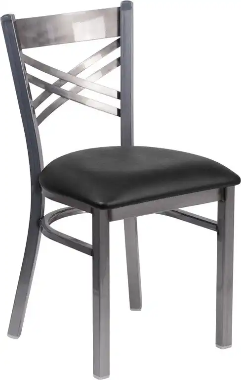 Clear Coated ''x'' Back Metal Restaurant Chair, Black Vinyl Seat