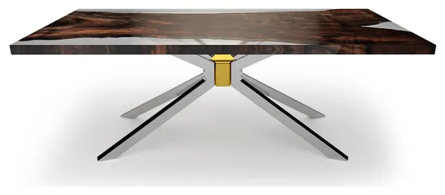 Clear Epoxy Resin & Walnut Wood Rectangular Dining Table, Chrome & Gold Plated