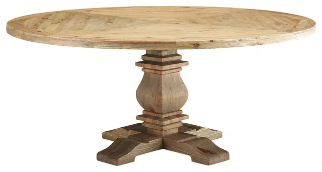 Column 71" Round Pine Wood Dining Table in Brown