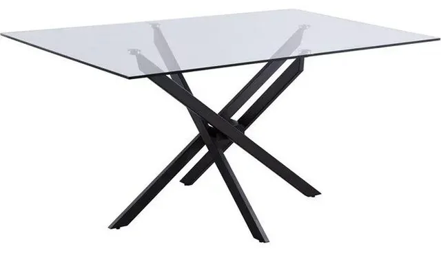 Contemporary Glass Dining Table, 60" Top with Unique Interlocking Metal Base, Matte Black