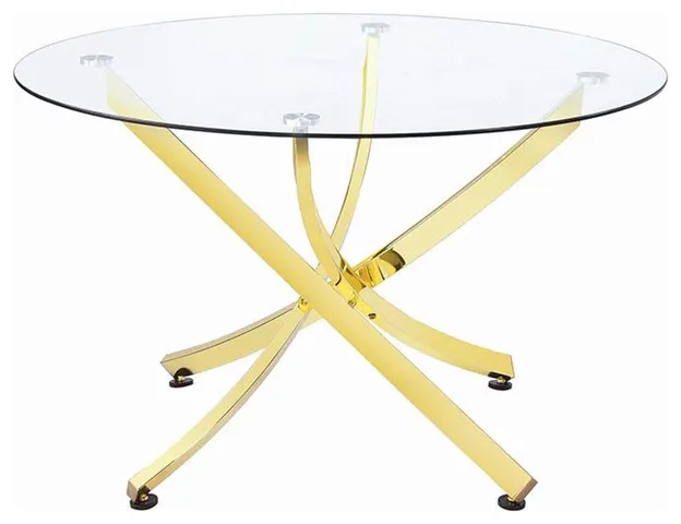 Contemporary Round Glass Dining Table, Clear Top with Gold Sculptural Base
