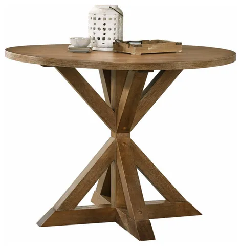 Cottage Oak Round Dining Table with Cross-Buck Pedestal and Hardwood Top