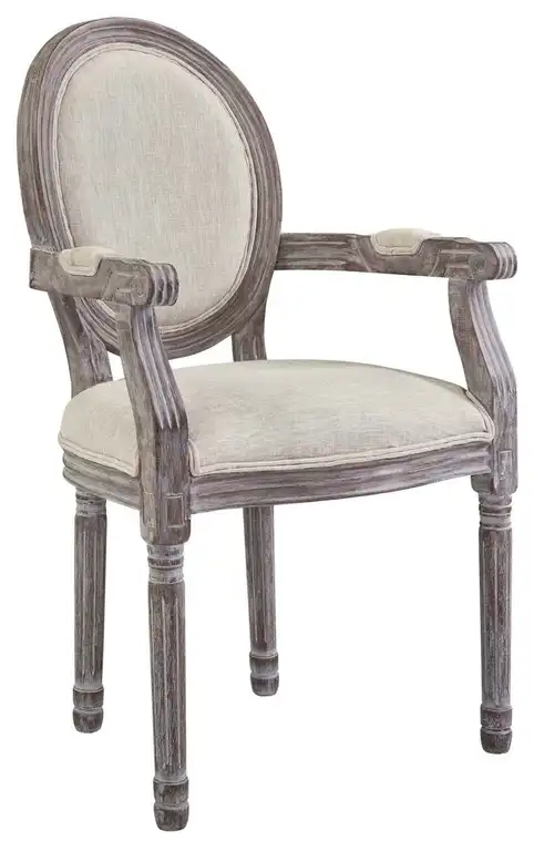 Country Farm Dining Vintage Style Side Chair Armchair, Fabric Wood, Beige