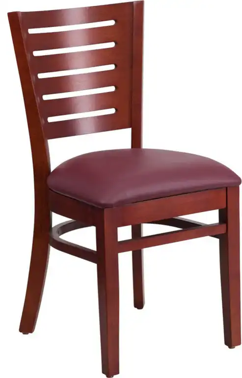 Darby Series Slat Back Mahogany Wood Restaurant Chair, Burgundy Vinyl Sea