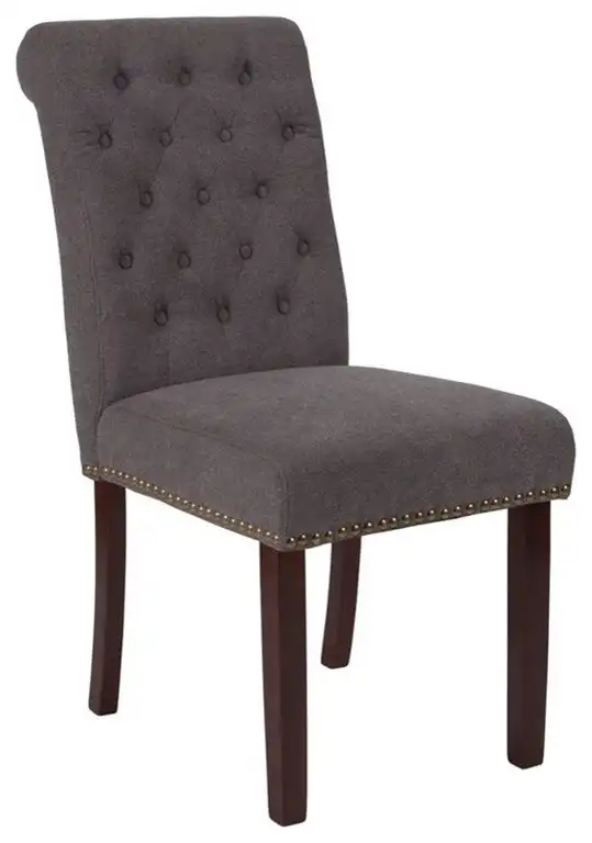 Dark Gray Fabric Parsons Chair, Rolled Back, Accent Nail Trim and Walnut Finish
