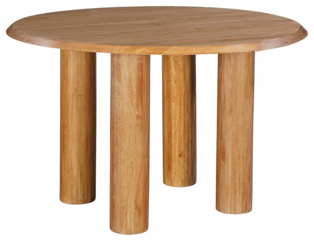 Dining Table, 48" Round Top, Mango Wood Natural Brown, 4 Column Pillar Legs
