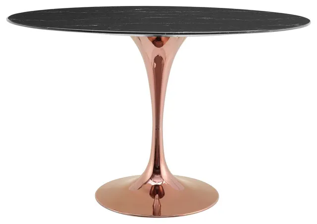 Dining Table, Oval, Artificial Marble, Metal, Rose Gold Black, Modern, Bistro