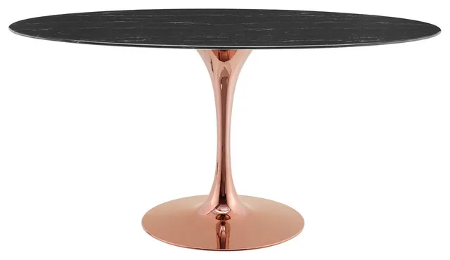 Dining Table, Oval, Artificial Marble, Metal, Rose Gold Black, Modern, Bistro