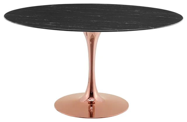 Dining Table, Round, Artificial Marble, Metal, Rose Gold Black, Modern, Bistro
