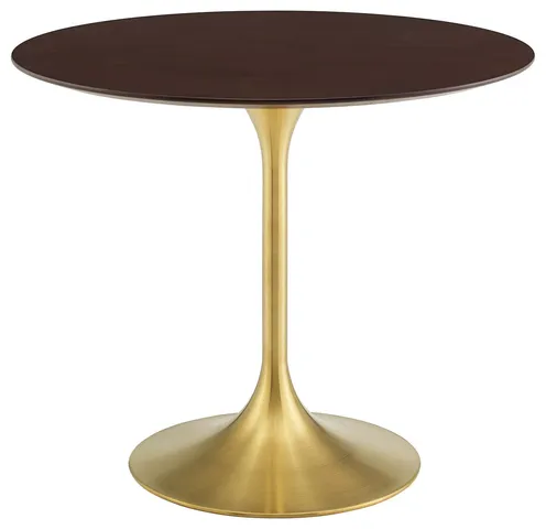 Dining Table, Round, Wood, Gold Dark Brown Brown Walnut, Cafe Bistro Restaurant