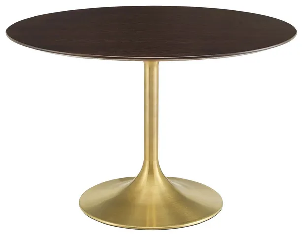 Dining Table, Round, Wood, Gold Dark Brown Brown Walnut, Cafe Bistro Restaurant