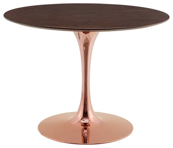 Dining Table, Round, Wood, Rose Gold Dark Brown Brown Walnut, Modern, Bistro