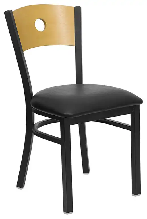 Dyersburg Metal Chair Black Circle Back, Natural Wood Back, Black Vinyl Seat