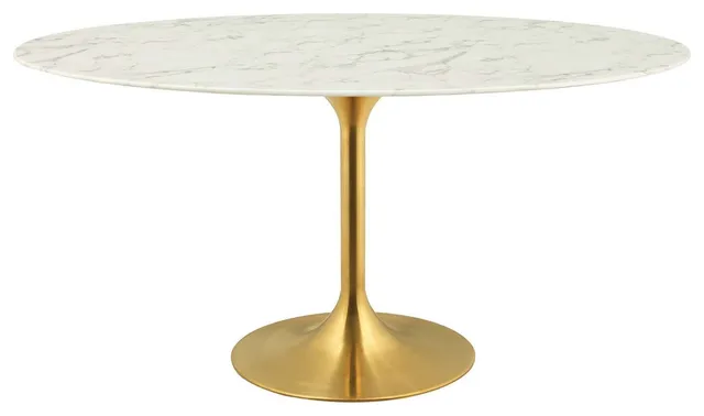 Faux White Marble Tulip Dining Table, Oval, Glam Gold Table, 60"