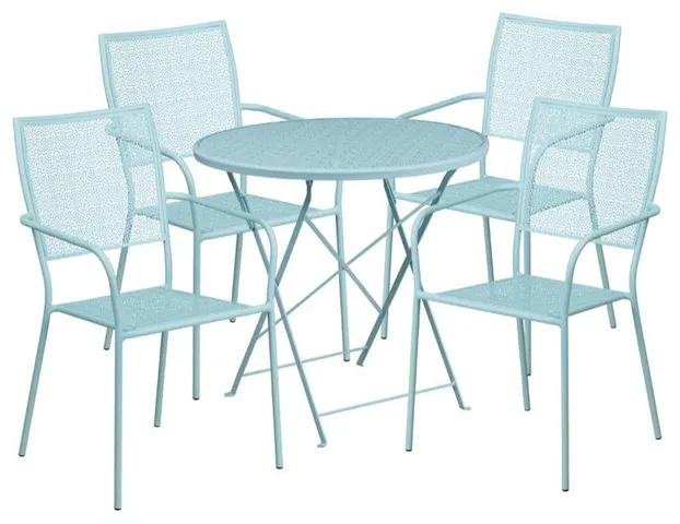 Flash Furniture 5 Piece 30" Round Steel Flower Print Patio Dining Set in Blue