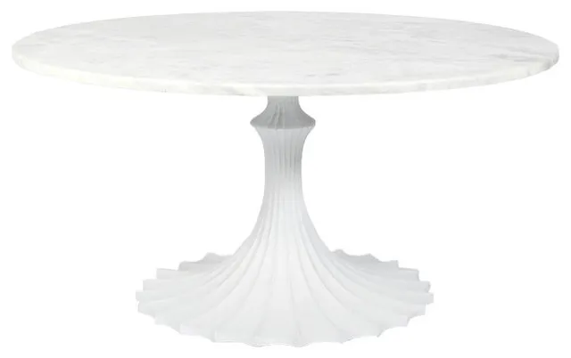 Flute Dining Table, 60" Round White Marble Top with White Base