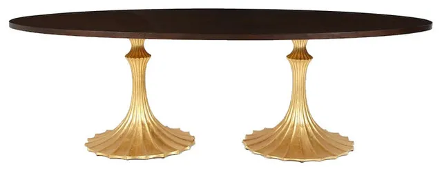 Flute Dining Table, 96" Walnut Oval Top with Gold Leaf Base