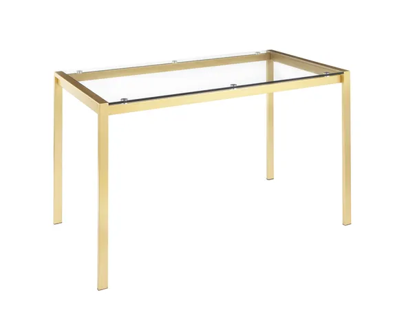 Fuji Industrial Dining Table, Clear Glass, Gold Metal