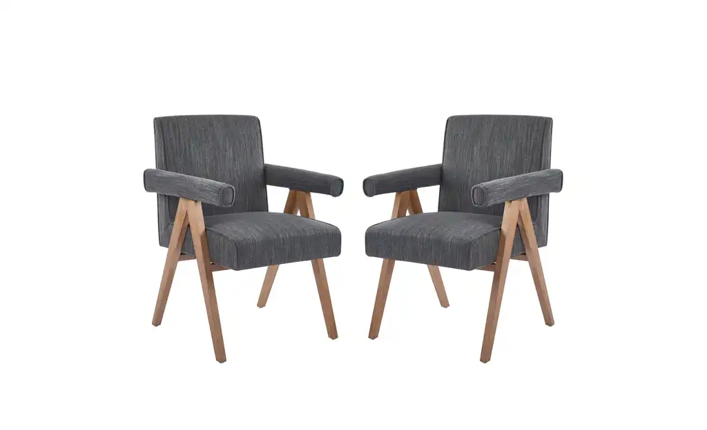 GDF Studio Fabric Upholstered Dining Chair with Arms, Rubberwood Legs, Set of 2, Charcoal