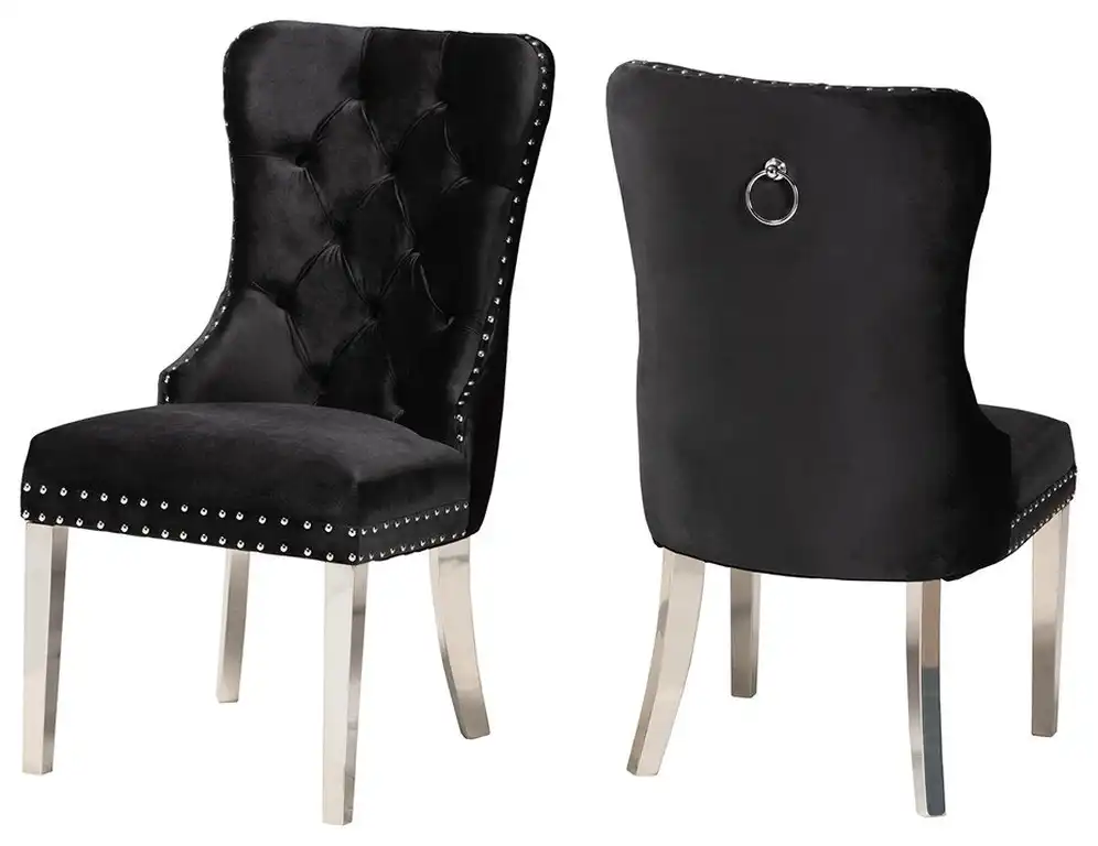 Glam and Luxe Black Velvet Fabric and Silver Metal 2-Piece Dining Chair Set