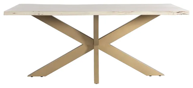 Handcrafted Acacia Wood Dining Table with Gold Legs and White Rectangular Top