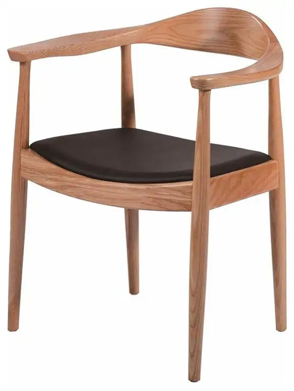 Hans Wegner Round Dining Arm Chair-Wood Frame Black Seat Natural -Set of 1