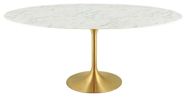 Hawthorne Collections 78"" Oval Faux Marble Top Pedestal Dining Table in Gold