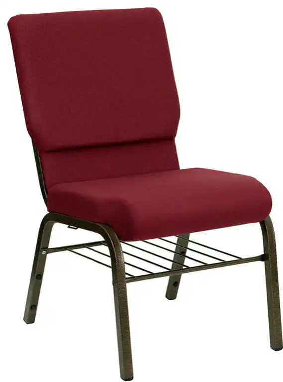 HERCULES 18.5''W Church Chair in Burgundy Fabric,Book Rack - Gold Vein Frame