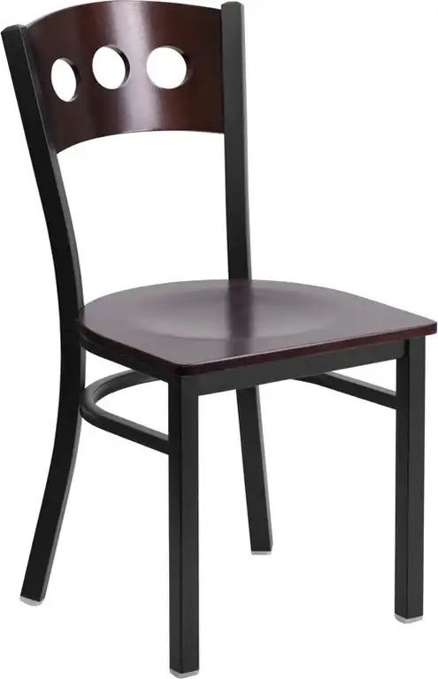 HERCULES Black 3 Circle Back Metal Restaurant Chair - Walnut Wood Back,Seat