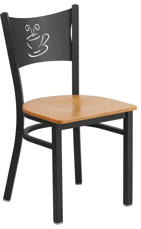 HERCULES Series Black Coffee Back Metal Restaurant Chair - Natural Wood Seat