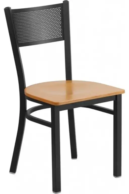HERCULES Series Black Grid Back Metal Restaurant Chair, Natural Wood Seat