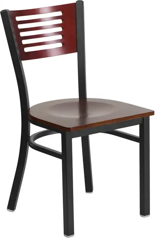 HERCULES Series Black Slat Back Metal Restaurant Chair - Mahogany Wood Back,Seat