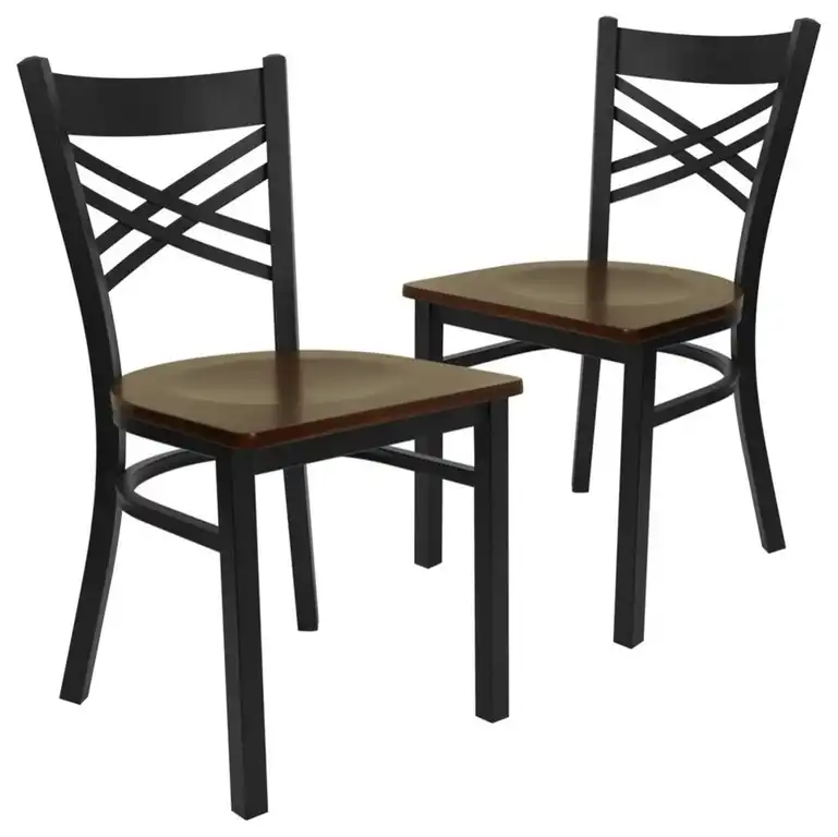 Hercules Series Black "X" Back Metal Chairs Wood Seat, Maho, Set of 2