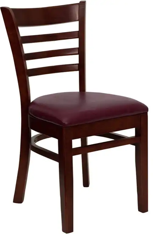 HERCULES Series Ladder Back Mahogany Wood Restaurant Chair - Burgundy Vinyl Seat