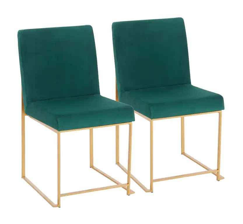 High Back Fuji Contemporary Dining Chair, Gold/Green Velvet, Set of 2