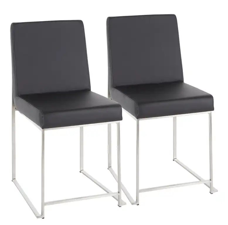 High Back Fuji Dining Chair, Set of 2, Brushed Stainless Steel, Black Pu