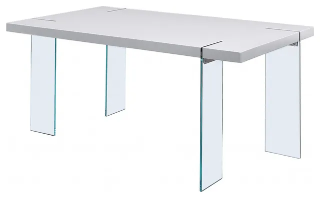 HomeRoots 66" x 38" x 30" White High Gloss and Clear Glass Dining Table