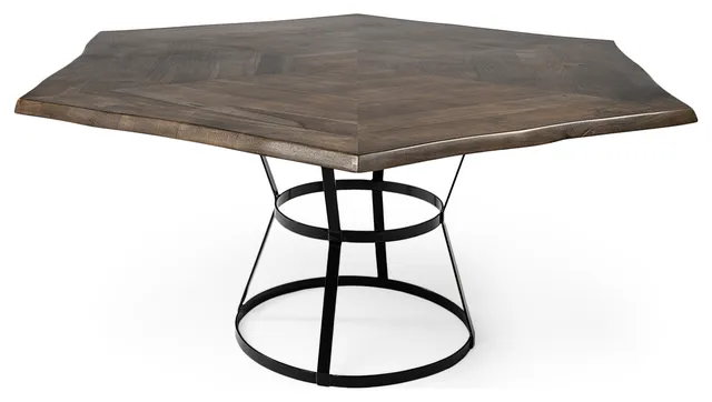HomeRoots 68" hexagon Brown Solid Wood Top With Black Metal Base Dining Table