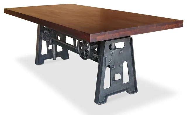 Industrial Dining Table - Cast Iron Base - Adjustable Height Crank - Mahogany