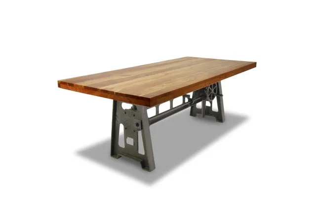 Industrial Dining Table - Cast Iron Base - Adjustable Height - Natural Top