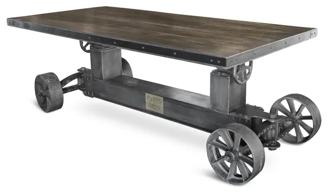 Industrial Trolley Dining Table - Iron Wheels - Adjustable Crank - Gray Top