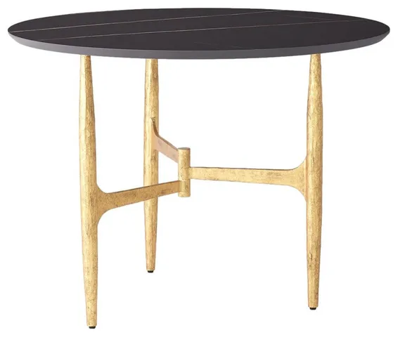 Italian Ceramic Marble Look Dining Table Round 4 Seat Kitchen, Gold/Black Noir