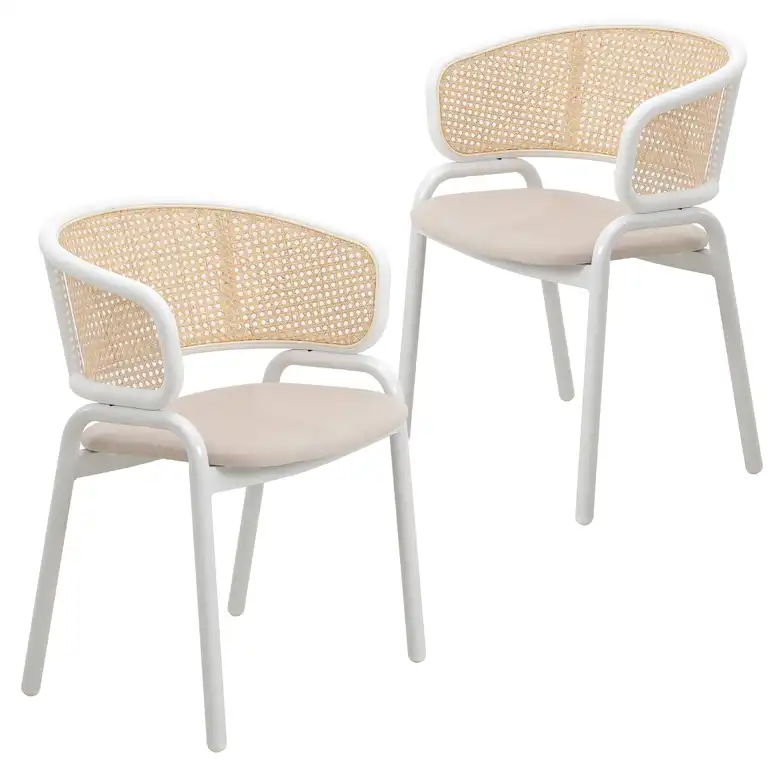 LeisureMod Ervilla Dining Armchair With White Steel Base Set of 2, Beige