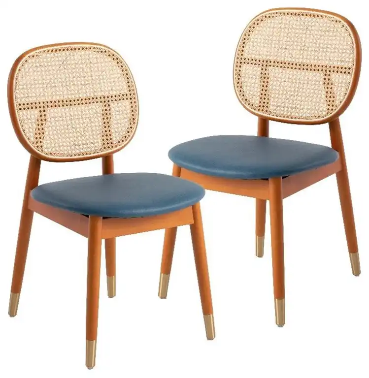 LeisureMod Holbeck Wicker Dining Chair with Wood Legs Set of 2 Navy Blue