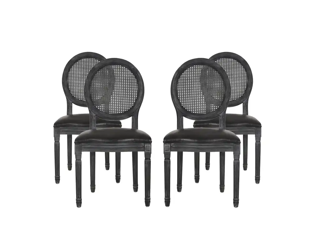 Lintz Wood and Cane Upholstered Dining Chair, Set of 4, Midnight and Gray, Faux Leather